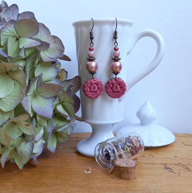 Parure bois de rose et bronze - Boucles d&#039;oreille bois de rose pendantes