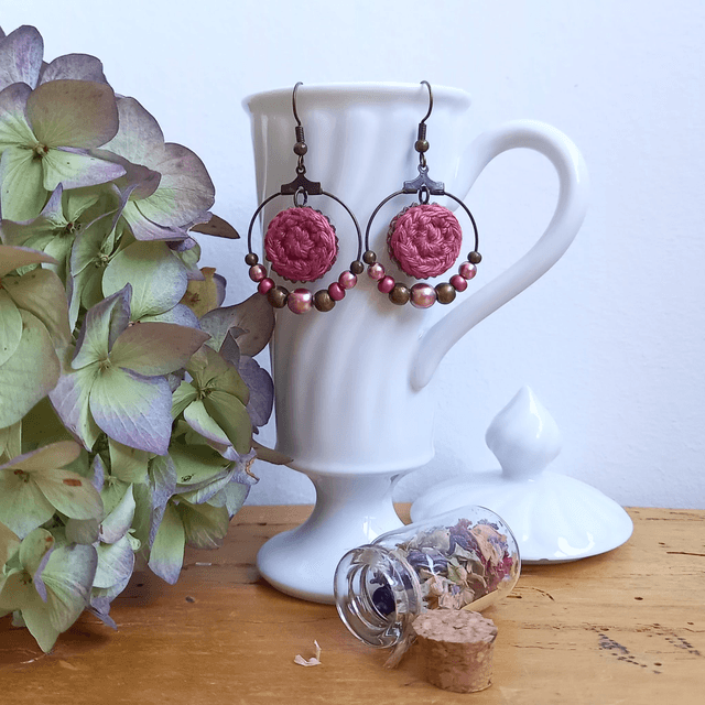 Parure bois de rose et bronze - Boucles d&#039;oreille bois de rose type créoles