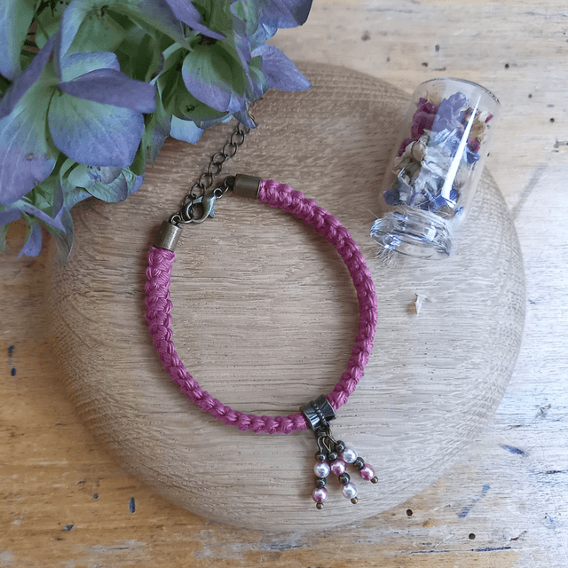 Parure bois de rose et bronze - Bracelet crocheté bois de rose