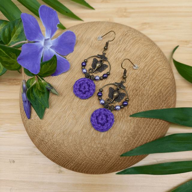 Parure violette et bronze - Boucles d&#039;oreille Eléphants