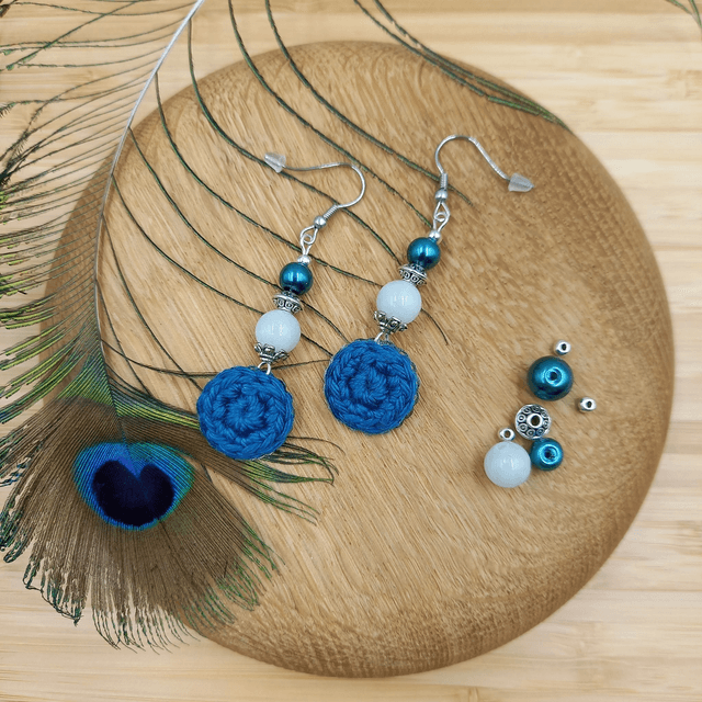 Parure bleu canard et argentée - Boucles d&#039;oreille bleu canard et argentées pendantes