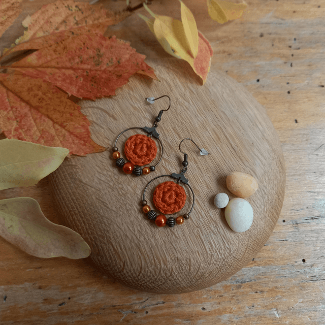 Parure orange et bronze 2 - Boucles d&#039;oreille orange foncé créoles