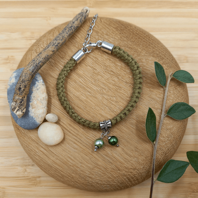 Parure kaki clair et argentée - Bracelet crocheté kaki clair