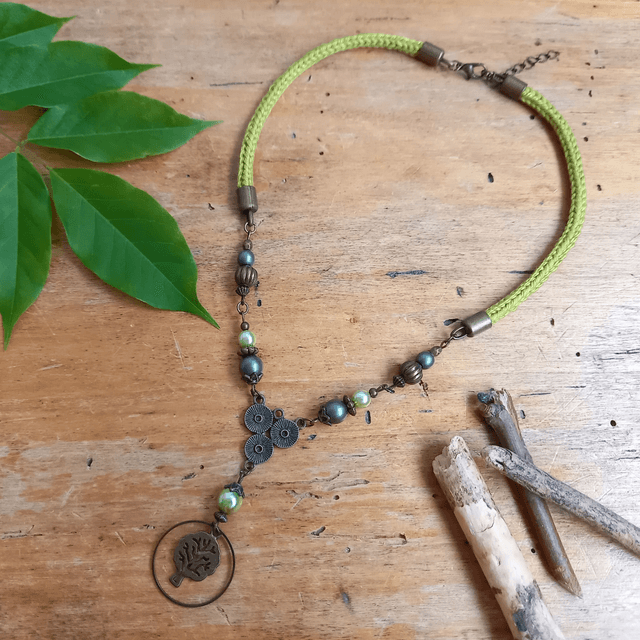 Parure vert anis et bronze - Collier ras de cou Arbre de vie