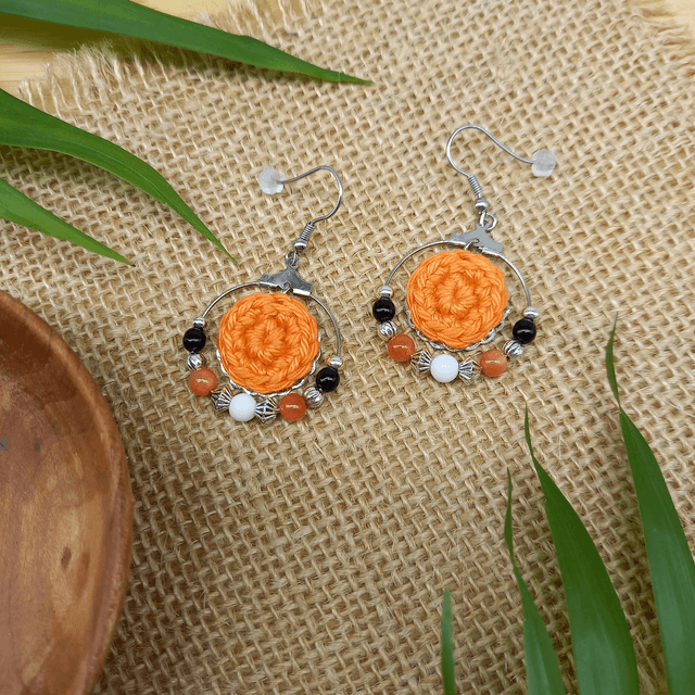 Parure orange et argentée - Boucles d&#039;oreilles orange type créoles