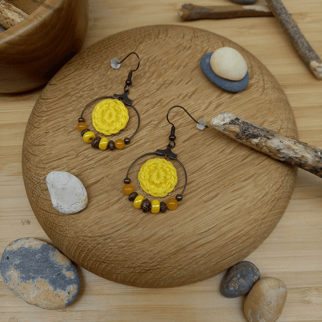 Parure jaune et bronze - Boucles d&#039;oreille jaune créoles