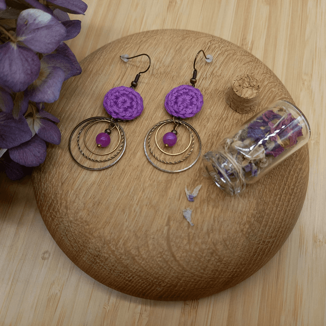 Parure violette et bronze - Boucles d&#039;oreille violettes 3 anneaux