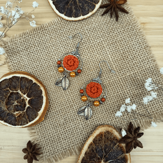 Parure orange foncé et argenté - Boucles d&#039;oreille orange foncé type créoles