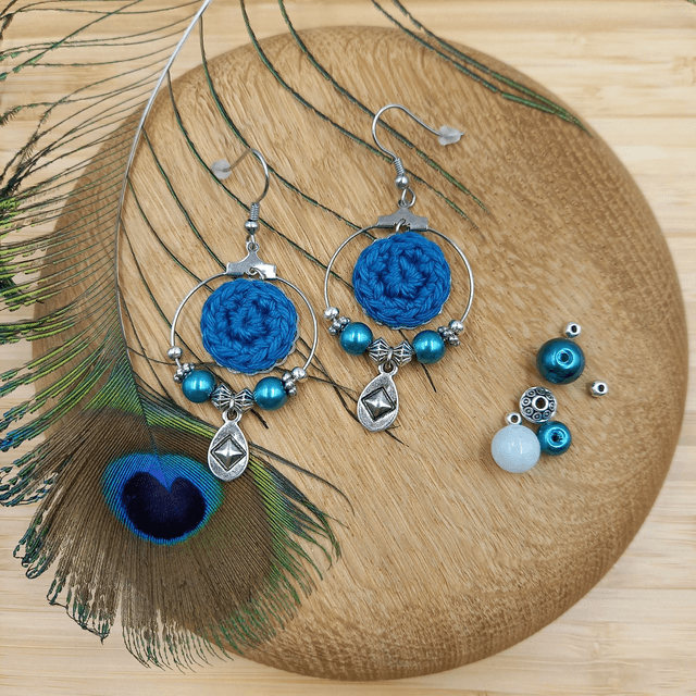Parure bleu canard et argentée - Boucles d&#039;oreilles créoles bleu canard et argentées