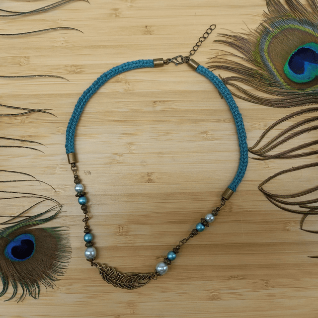 Parure turquoise et bronze - Collier ras de cou turquoise - Plume